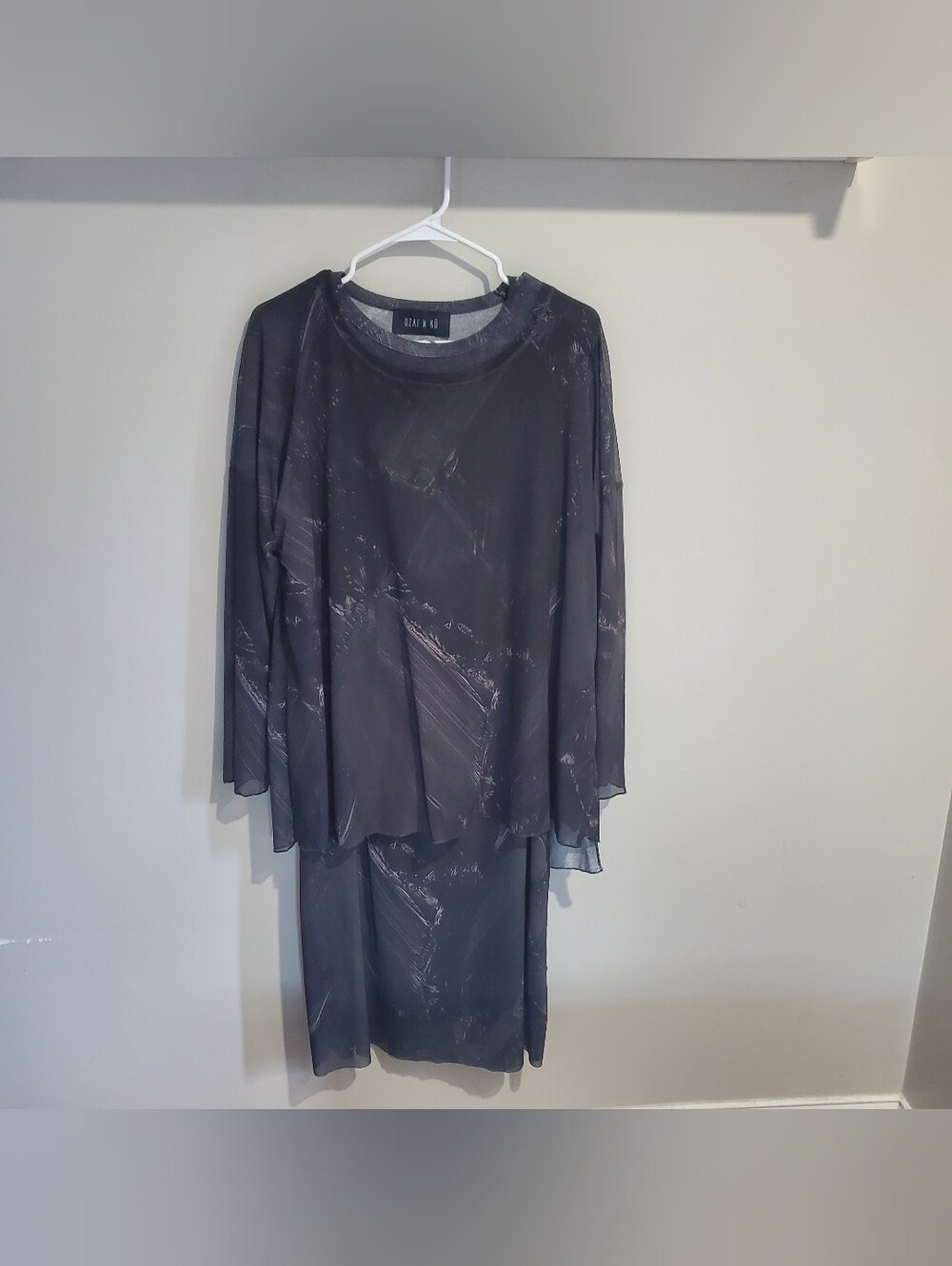 Ozai N Ku Black Charcoal Sheer Layered Top+Skirt Marble Print Minimalist 2XL